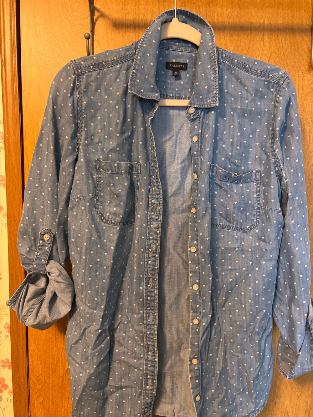 Talbots Light Blue Chambray Button-Front Shirt with White Dot Print